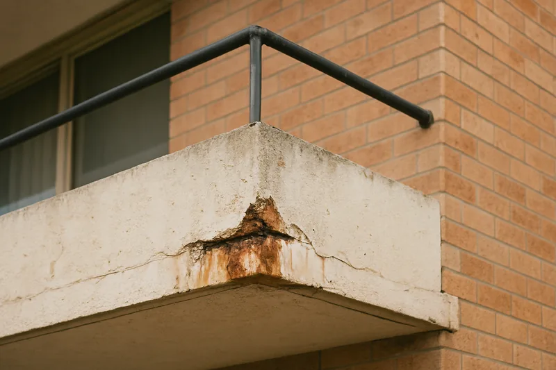 The corner of a balcony slab with a rust-stained broken corner and a bare bar — balcony concrete cancer, Wollongong. Illustrative example.