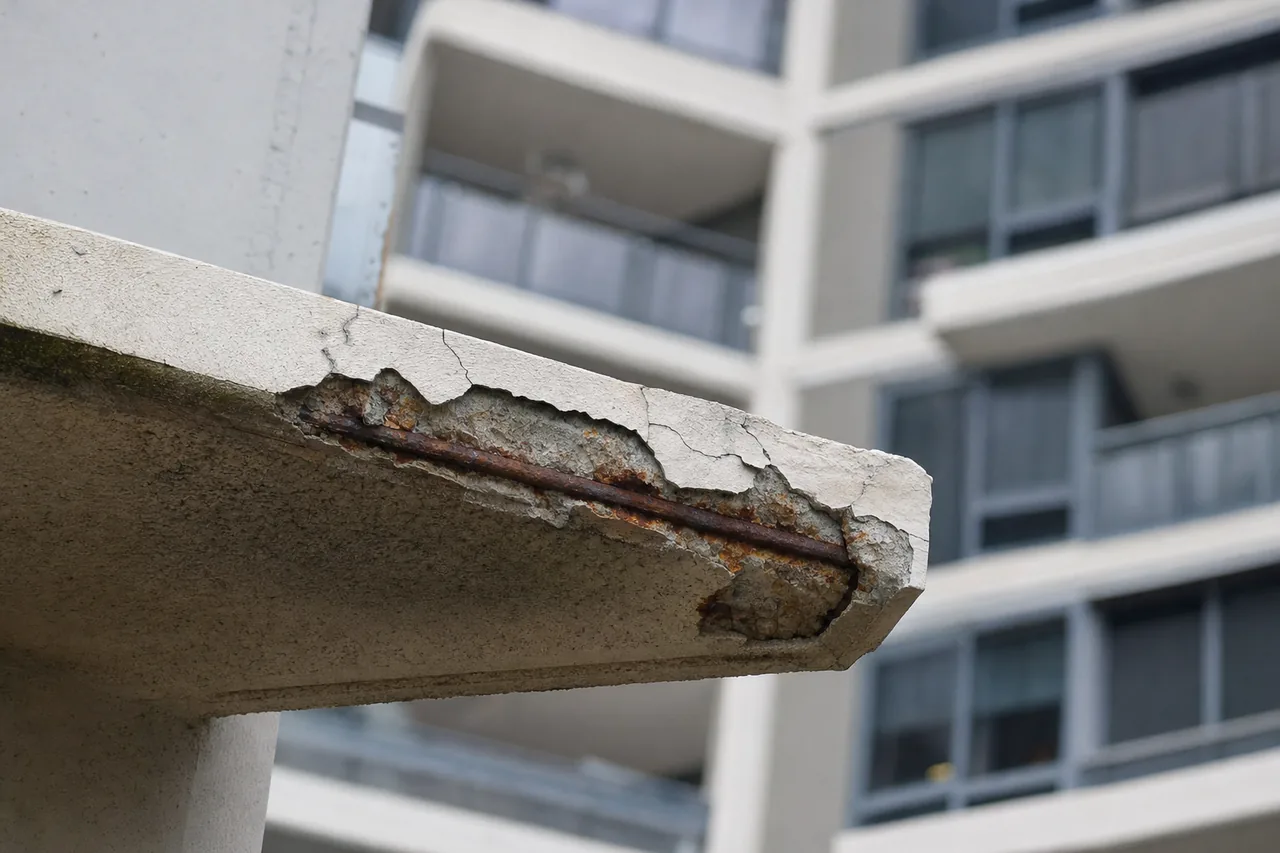 A balcony slab edge with a patch of concrete broken away and a rusted bar showing — concrete cancer repair, Wollongong. Illustrative example.