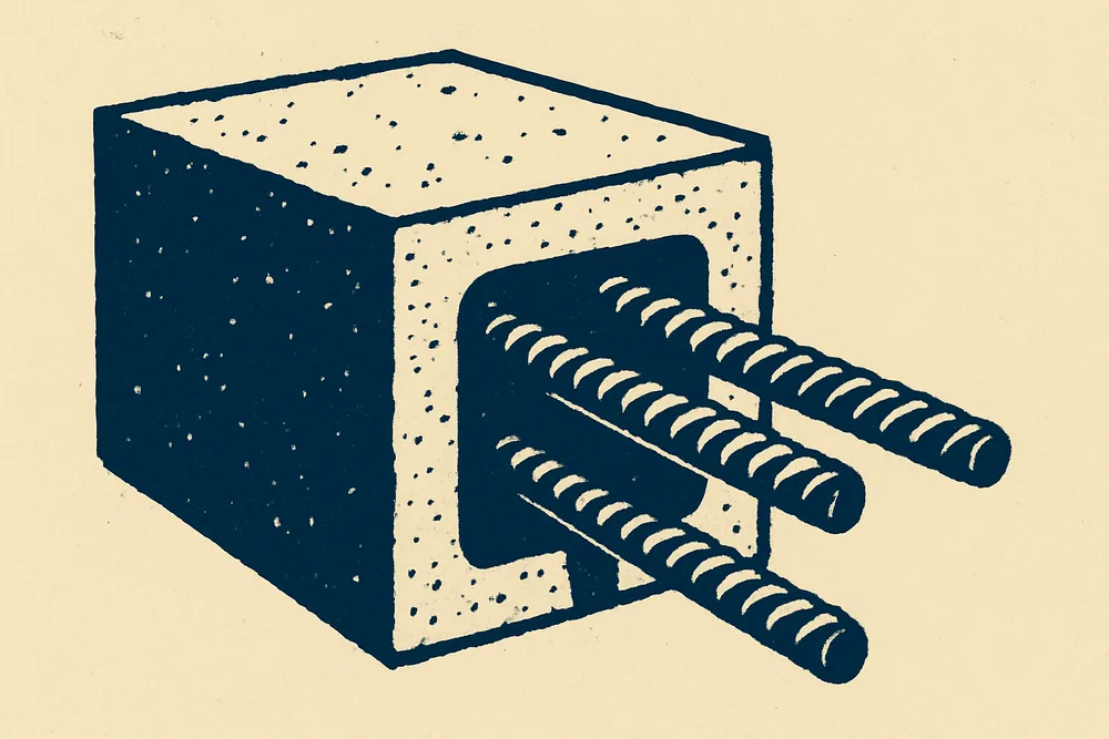 A duotone view of a concrete block with a recess cut to show steel bars — concrete cancer in apartment buildings, Wollongong. Illustrative example.