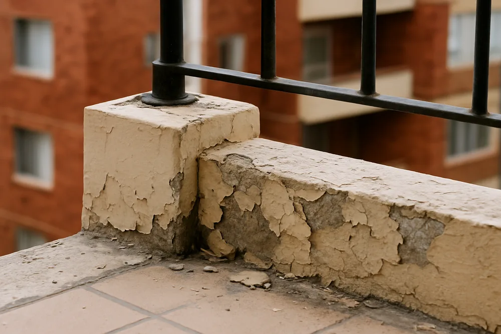 Flaking concrete at the base of a balcony balustrade upstand with a bar showing — balcony concrete cancer, Wollongong. Illustrative example.