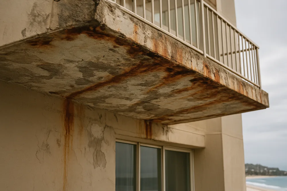The underside of a balcony slab on a residential flat building with rust bleeding through the paint — concrete cancer repair, Wollongong. Illustrative example.