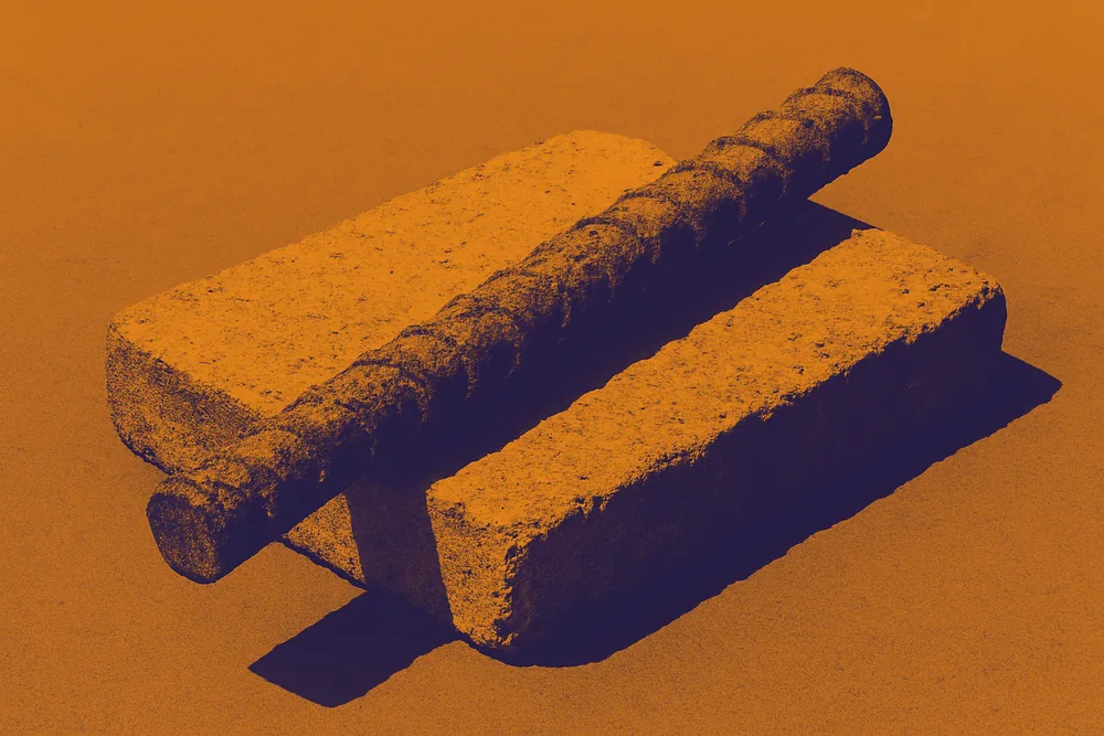 A short length of rusted reinforcing bar resting on a concrete offcut — concrete cancer repair, Wollongong. Illustrative example.