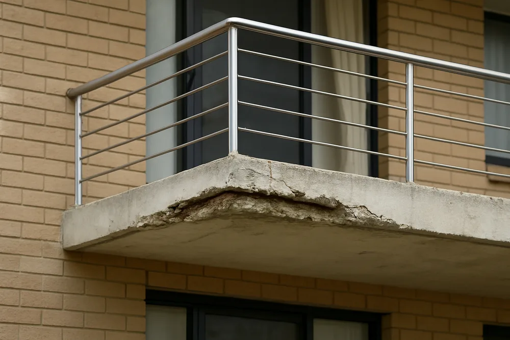 A concrete balcony slab with a stainless steel balustrade and a spalled edge showing a bar — concrete cancer repair, Wollongong. Illustrative example.