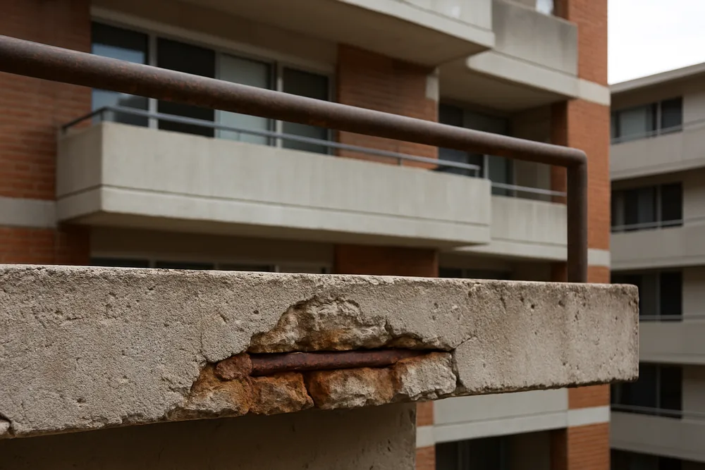 A concrete slab edge on an apartment building with a rust-stained spall and a bare bar — concrete cancer repair, Wollongong. Illustrative example.