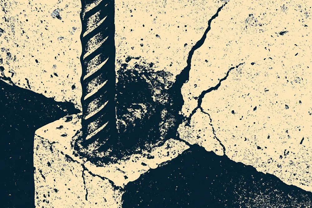 A duotone view of a concrete section where a rusting bar swells and cracks the cover concrete — concrete cancer repair, Wollongong. Illustrative example.