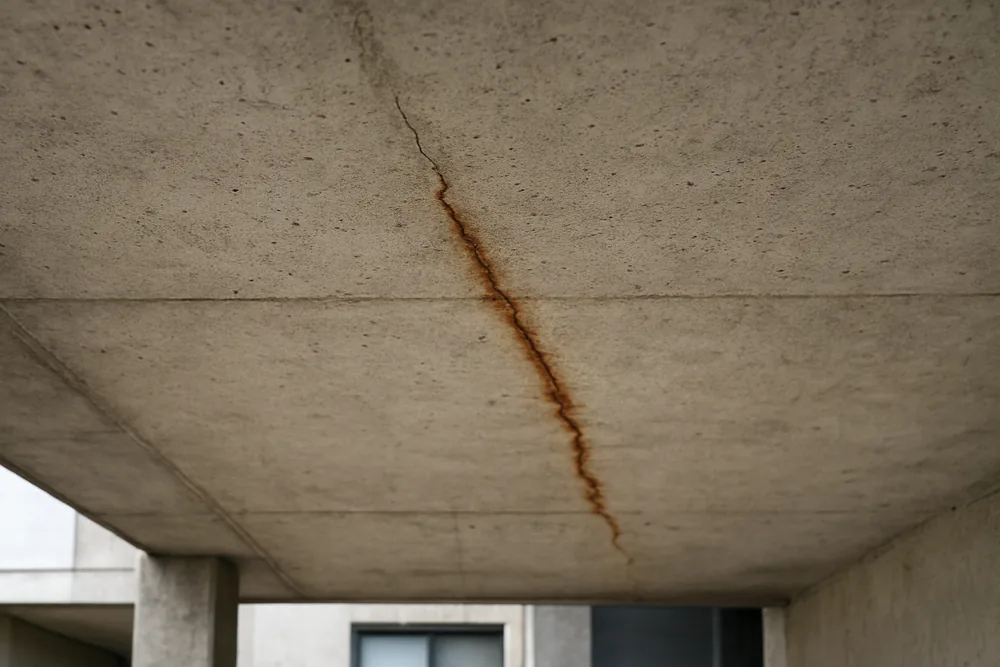 A concrete slab underside with a hairline crack and a rust stain along it — concrete cancer repair, Wollongong. Illustrative example.