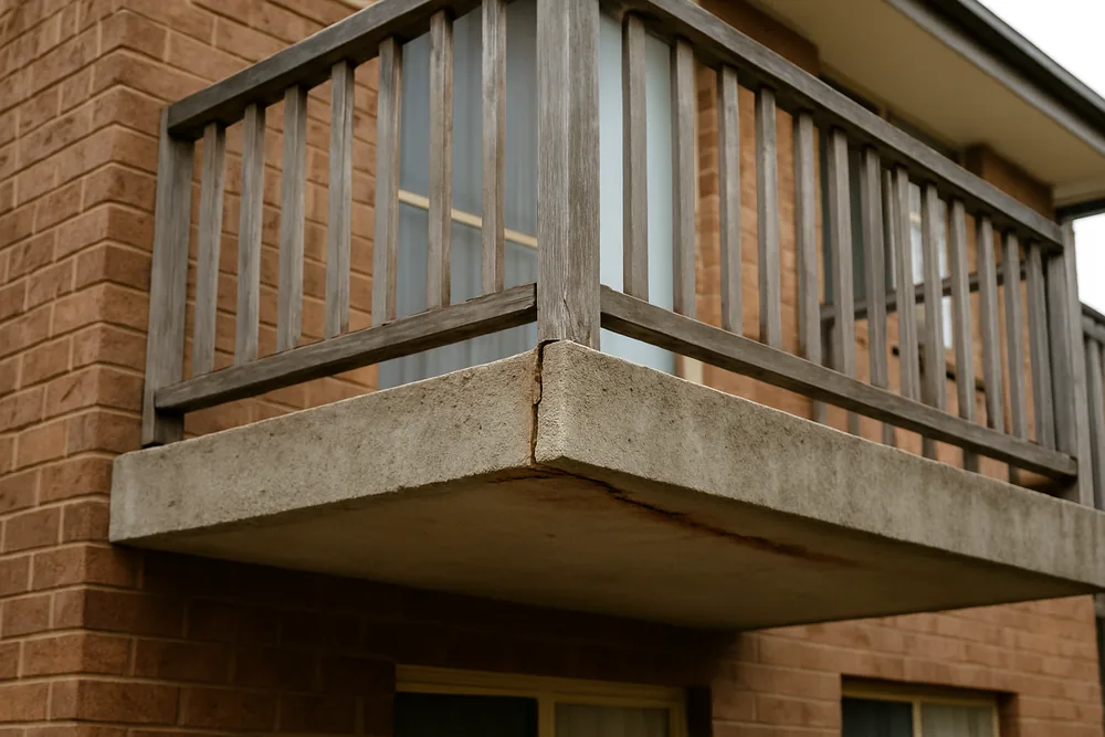 A concrete balcony slab on a brick townhouse with a timber balustrade — concrete cancer repair, Wollongong. Illustrative example.