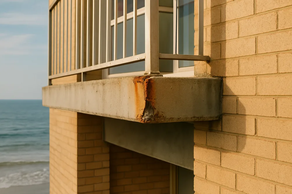 A balcony slab edge on a low walk-up apartment building with a rust stain and a small spall — concrete cancer repair, Wollongong. Illustrative example.