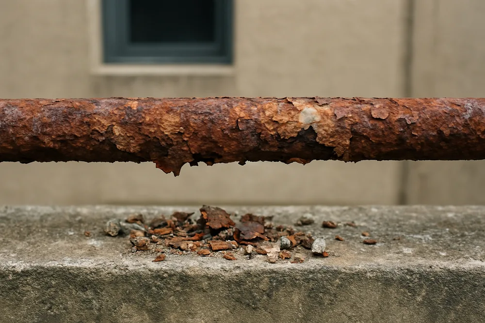 A corroded bar with flaking rust and small chunks of concrete below it — signs of concrete cancer, Wollongong. Illustrative example.